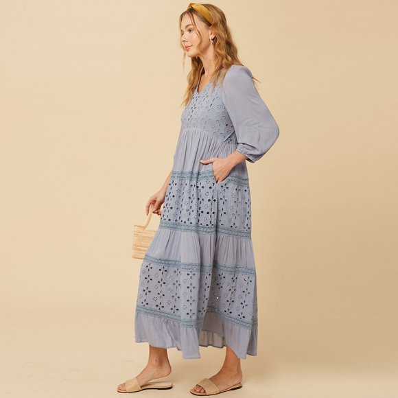 Listicle Misty Blue Maxi Dress NWT • Rayon Long Sleeve Boho Textured Embroidered - Picture 5 of 13